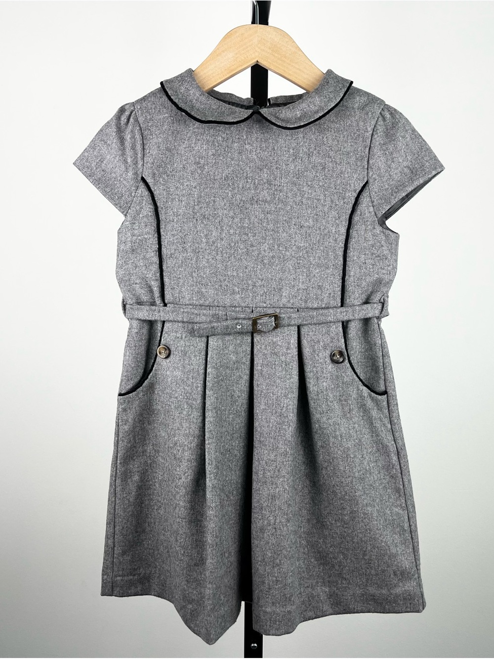 Marie Chantal Girls Belted Peter Pan Collar Wool Cashmere Dress, Dove Gray, 6Y